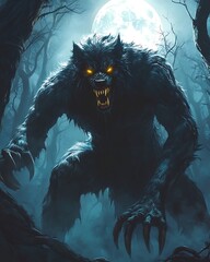 Twisted Werewolf: A terrifying werewolf with exaggerated, cartoonish features, including long, sharp claws, oversized fangs, and glowing yellow eyes. The werewolf is hunched over in a dark forest, wit