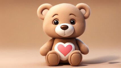 Obraz premium A cute, soft brown teddy bear with a pink heart on its belly, sitting against a neutral beige background. The bear has large, innocent eyes and a gentle expression.