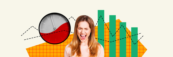 Panoramic collage picture young woman time management deadline urgency work project manager stress...
