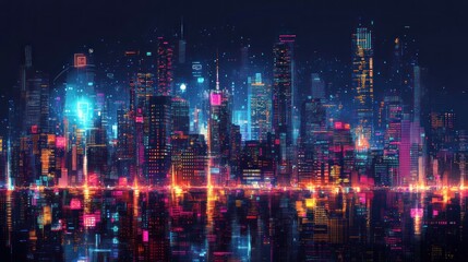 A city skyline is lit up in neon colors, creating a vibrant