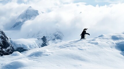 A penguin is standing on a snowy mountain