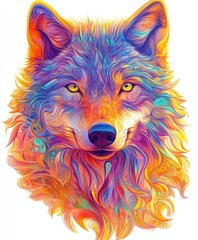 Naklejka premium A vibrant, colorful illustration of a wolf's head with intricate patterns and textures.