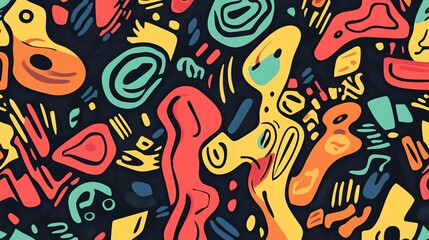 Abstract colorful pattern with doodle-like shapes and lines on a dark background.