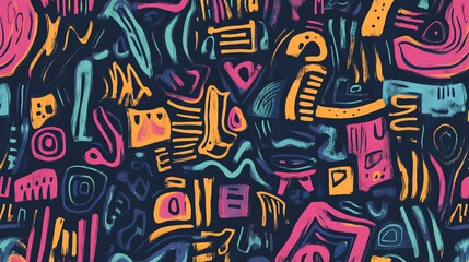 Abstract pattern with various colorful shapes on a dark background.