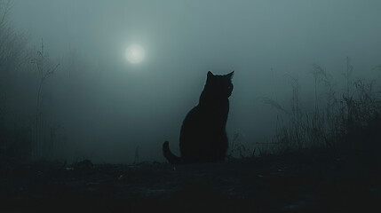 A black cat silhouette against a dark, foggy night sky.