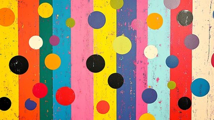 Colorful abstract painting with vertical stripes and polka dots.