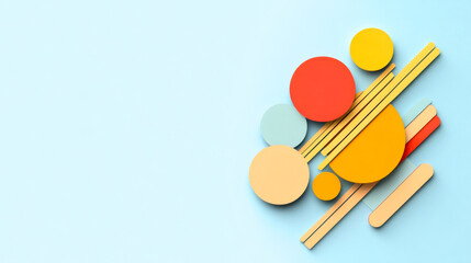 Colorful geometric shapes arranged creatively on a soft blue background, perfect for design, art, or craft projects.