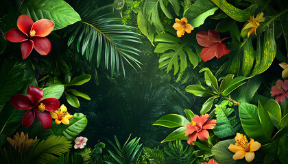 A lush jungle scene with vibrant green leaves and exotic flowers, bringing the warmth of the tropics to your screen