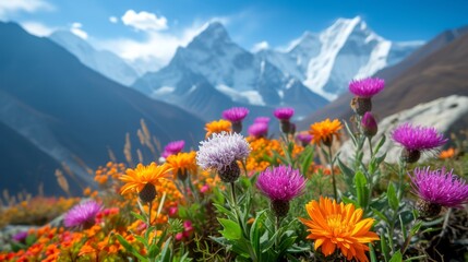Vibrant Wildflowers Bloom Against Majestic Mountain Peaks
