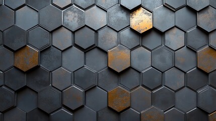 Abstract geometric pattern with hexagonal shapes in shades of gray and gold.