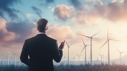 Corporate Conference Keynote with Wind Turbine Backdrop for Sustainable Energy Leadership