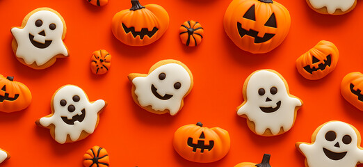 Obraz premium A pattern of cookies in the shape of smiling ghosts and pumpkins on an orange background. Halloween pattern