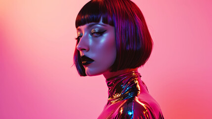 Fashion forward individual with a colorful bob and striking black lipstick