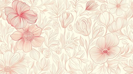 Seamless floral pattern with delicate line art flowers in pink and white.