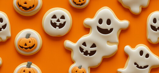 Obraz premium A pattern of cookies in the shape of smiling ghosts and pumpkins on an orange background. Halloween pattern