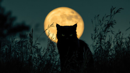 The shadow of a black cat sneaks through tall grass beneath a glowing full moon.