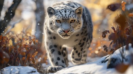 Obraz premium A white tiger with black spots is standing in the snow