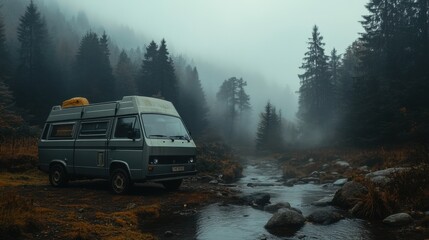 A yellow van is parked by a river in the woods