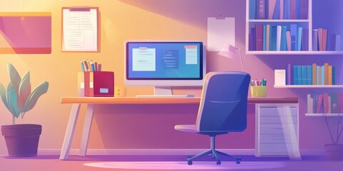 Fototapeta premium Home study concept featuring online classes and self learning in a 2D cartoon illustration