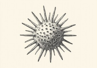 Obraz premium Illustration of a sea urchin ovum displaying radially striated cell membrane and protoplasm in a vintage line drawing style