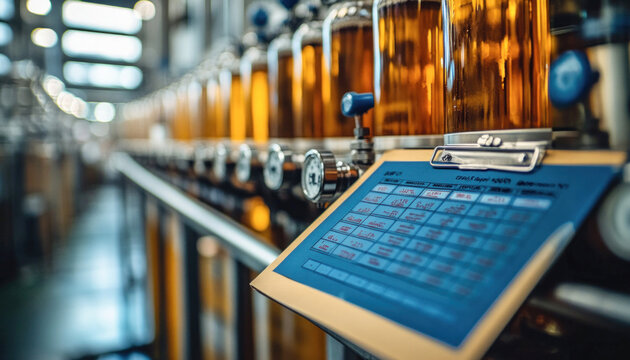 Automated beer brewing equipment showing pressure gauges and control panel in modern brewery - Powered by Adobe