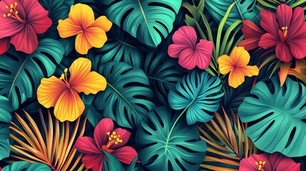 Vibrant tropical floral pattern with hibiscus flowers and lush green leaves.