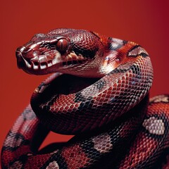Fototapeta premium Striking portrait of a boa constrictor in a studio setting, showcasing its intricate scales and powerful presence against a bold red background