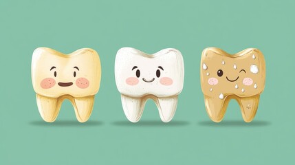 Obraz premium Stages of tooth decay a healthy tooth the development of dental plaque and subsequent caries leading to cavities Adorable cartoon illustration set against a green background emphasizing dental car
