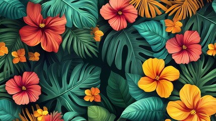 Tropical floral background with hibiscus flowers and lush green leaves.