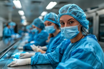 Food Safety Inspection Quality Control Team in Hygienic Food Processing Plant Monitors Production