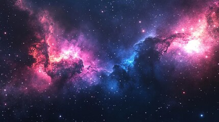 Obraz premium A deep space nebula with pink, blue, and white gas clouds and scattered stars in the dark background.