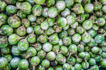 Small green aubergines eggplants in a bunch on a farmers market