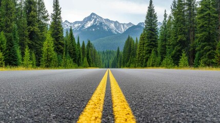 A straight mountain road with yellow lines, surrounded by dense green forest and leading towards snow-capped peaks in the distance.