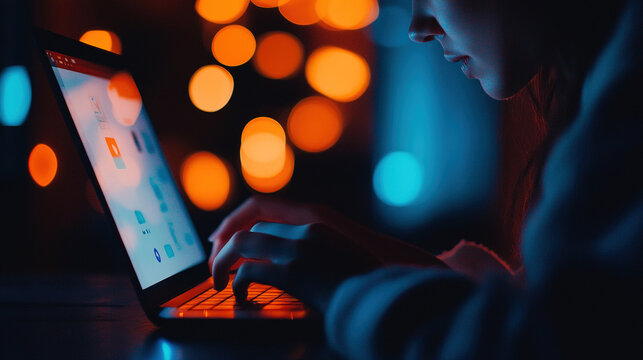 Person sitting alone in dimly lit room using laptop, concerned about social media privacy with thoughtful expression. Focus on digital security and online presence.