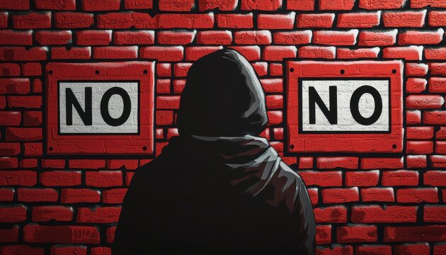 A hooded figure stands against a red brick wall featuring two signs that say "NO," conveying a sense of resistance or rejection.