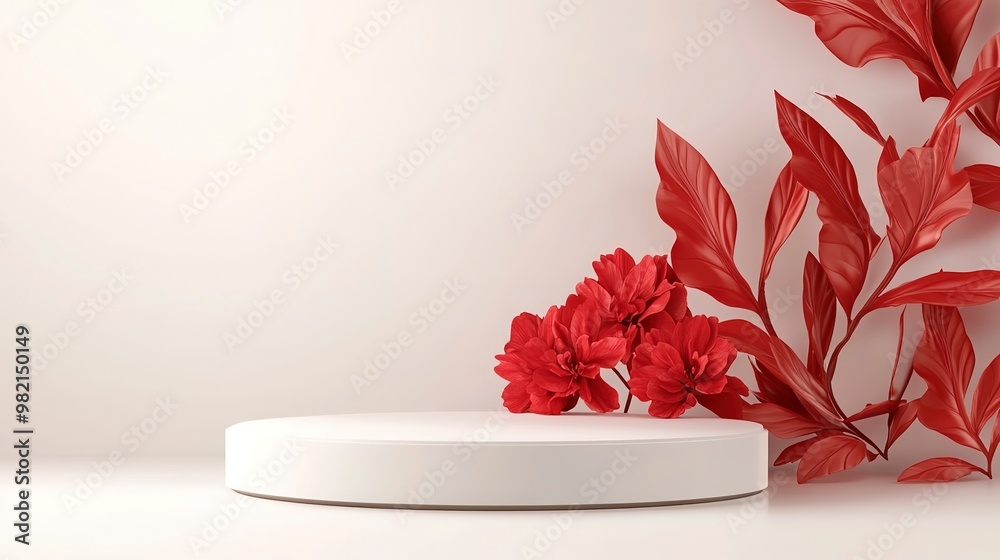 Wall mural 3D rendering platform podium with red flower and white background for product presentation.