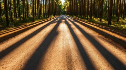 Obraz premium A sunlit dirt road running through a forest with long shadows cast by tall trees, illuminated by the warm light of the golden hour.