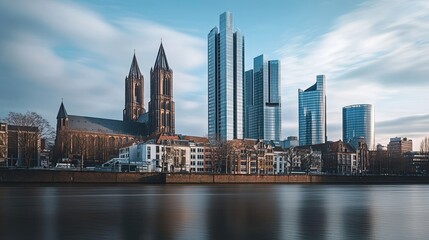 Naklejka premium Modern Skyscrapers and a Historic Church on the Riverbank