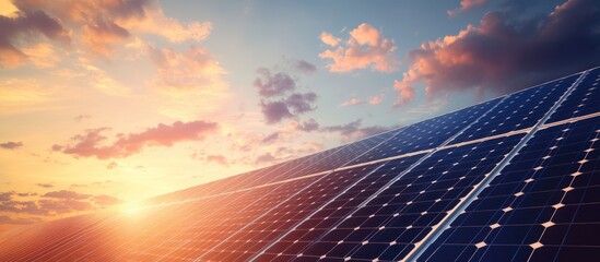 Renewable energy concept featuring solar panels installed on a residential roof showcasing photovoltaic technology with ample empty space for text Mixed media