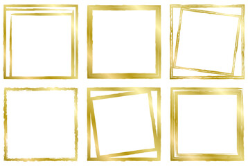 Set of golden frames isolated on white. Vector square frame for text, certificate, pictures, diploma, banner. Old worn frame. Metal texture	