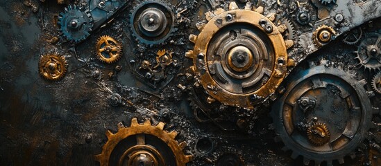 Close up of gears and cogs in a creative composition Mixed media technique