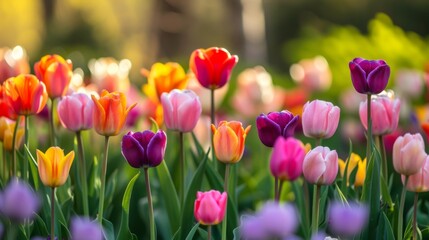 Vibrant Tulips in a Spring Garden: Colorful Blooms and Delicate Petals