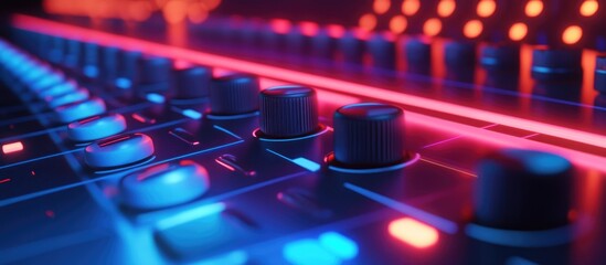 Close up view of knobs and buttons on an audio or video mixing console