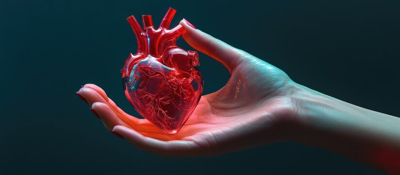 Female hand presenting a model of the anatomical heart Mixed media