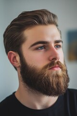 Obraz premium Handsome Bearded Man with Thoughtful Expression in Modern Studio Portrait