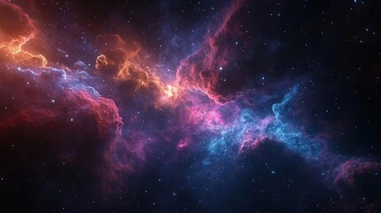 Naklejka premium A vast cosmic landscape with swirling clouds of gas and dust illuminated by distant stars.