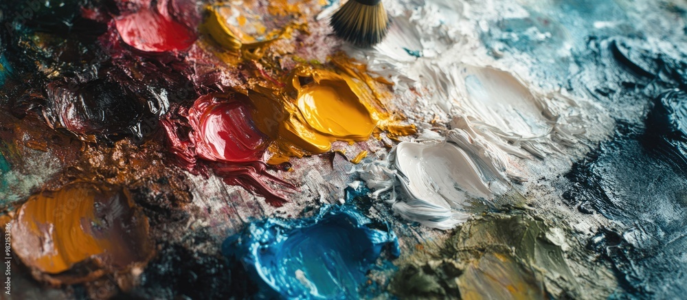 Poster a blend of various mediums including oil paint and foam on a palette accompanied by a paintbrush for