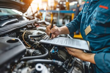 Mechanic assessing vehicle damage and preparing job checklist for insurance and repair estimates
