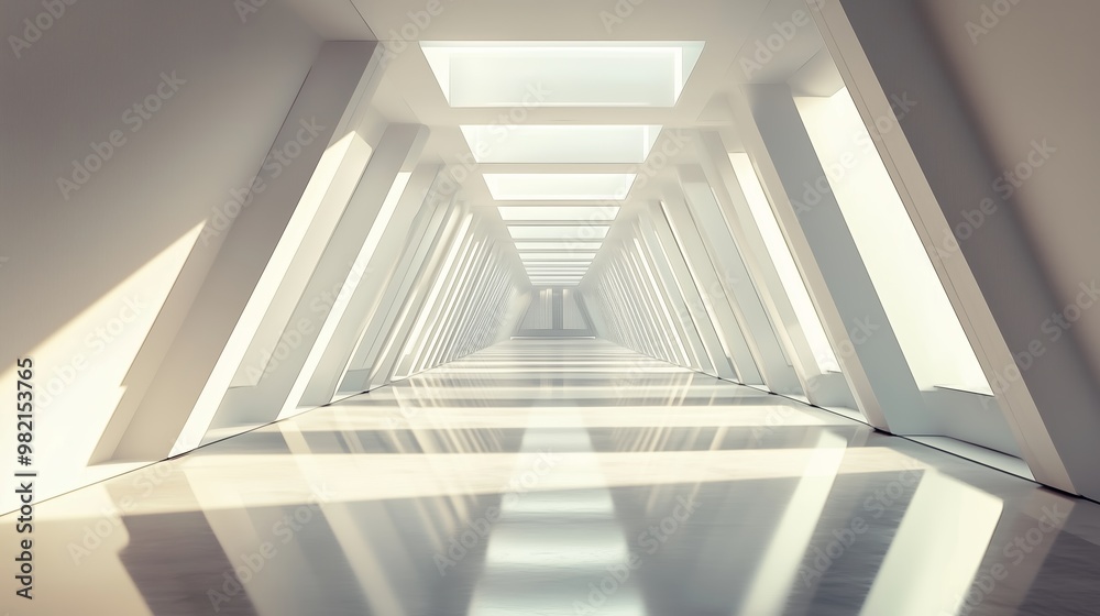 Poster a spacious corridor with natural light flooding through unique angular windows during the day