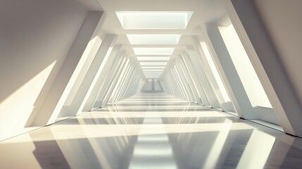 Obraz premium A spacious corridor with natural light flooding through unique angular windows during the day